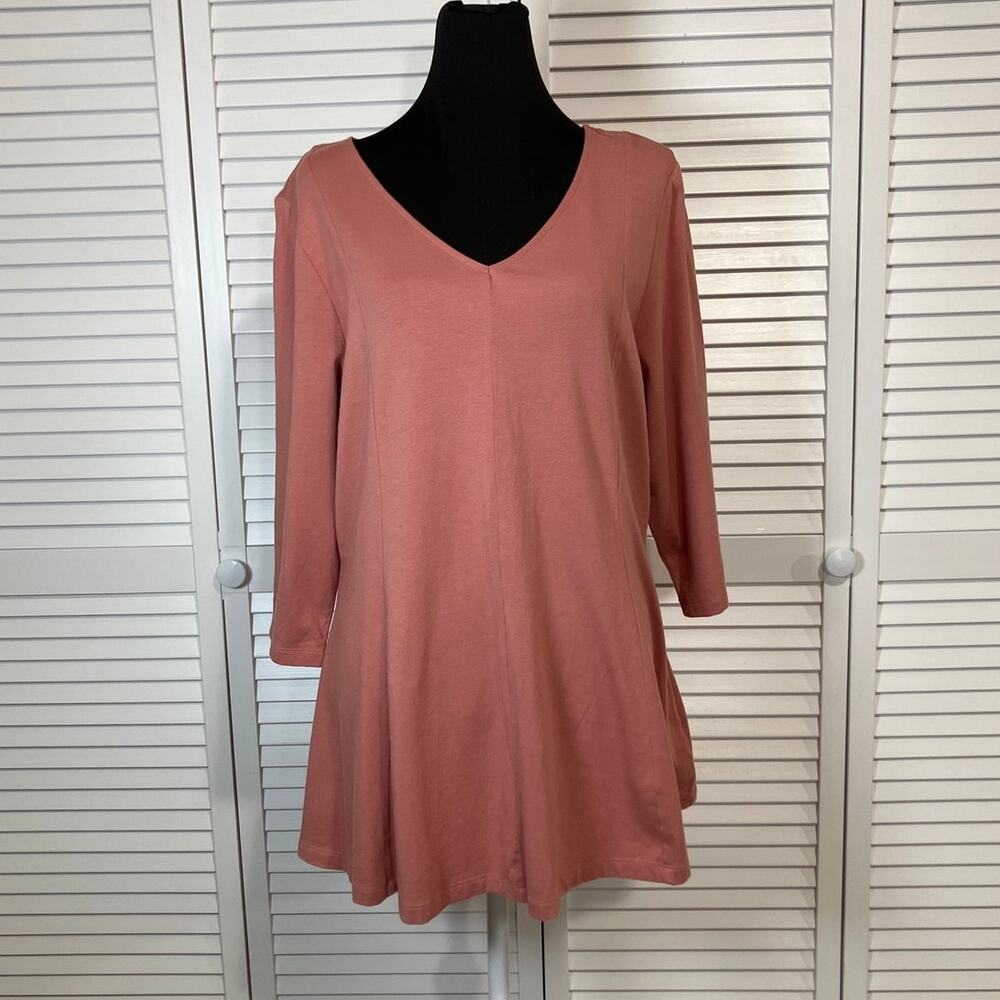 Denim & Company Dusty Rose Pink V-neck Tunic Flare Jersey Blouse L